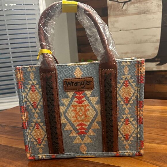 NWT New Wrangler Blue Southwestern Cross Body Leather Canvas Mini Tote Purse - Picture 1 of 6